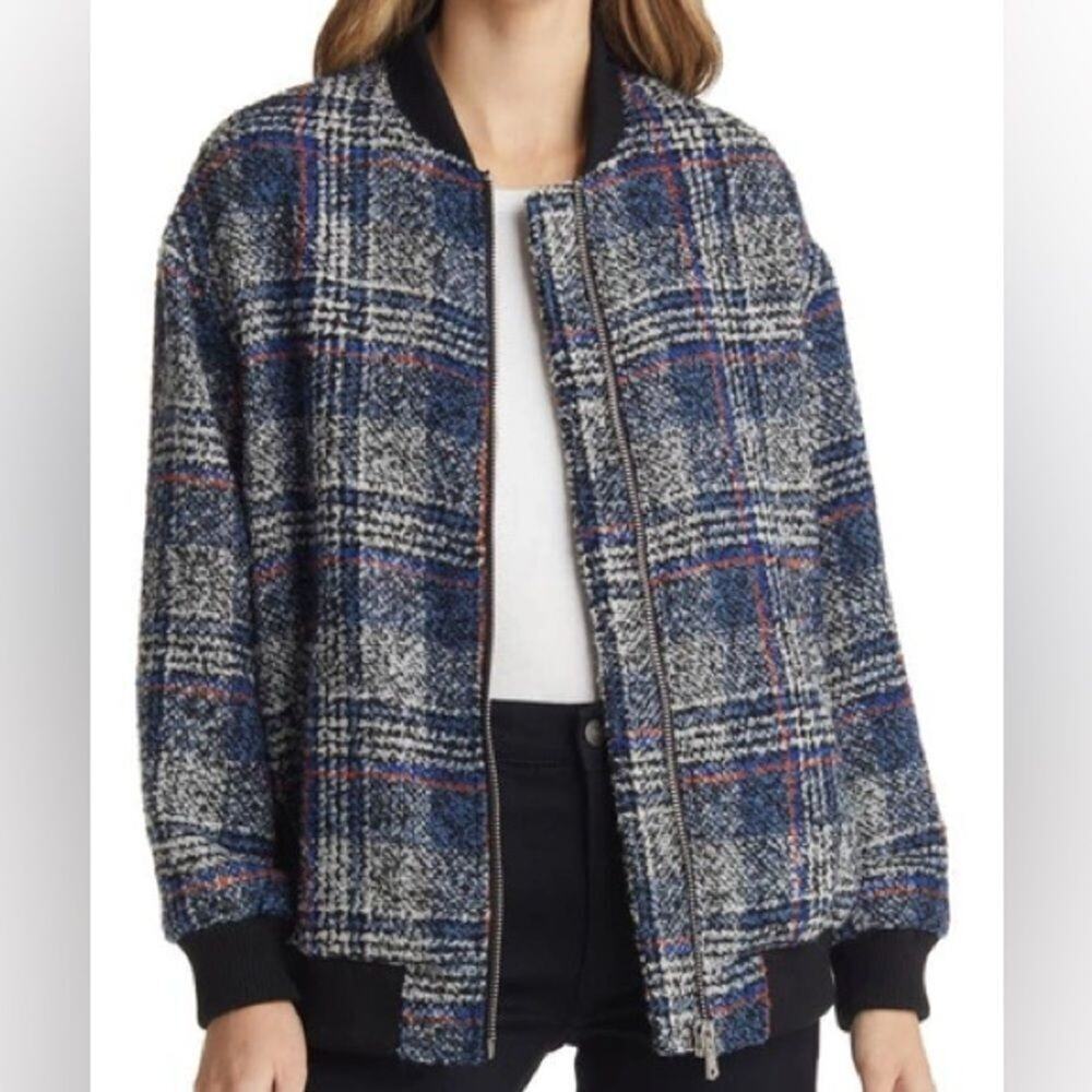Avec Les Filles - Woman's Plaid Tweed Bomber Jacket Size Medium